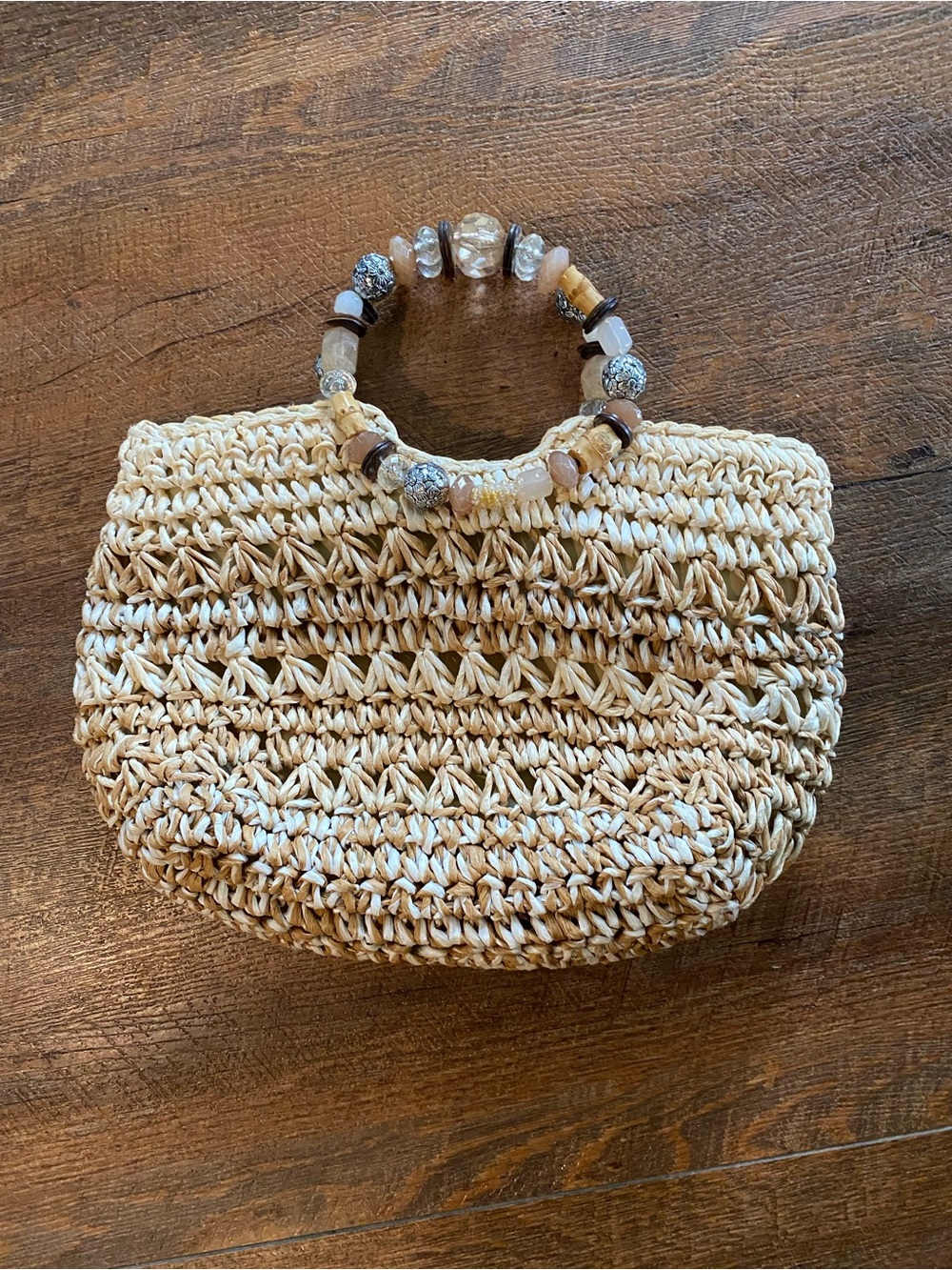 Cappelli Straworld Natural Straw Crochet Handbag w/Beaded Top Handle